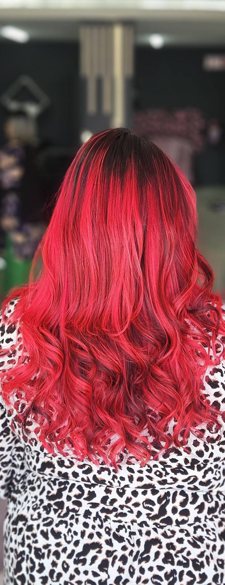 Vivid cherry-red hair colour transformation — Belle Vee, George