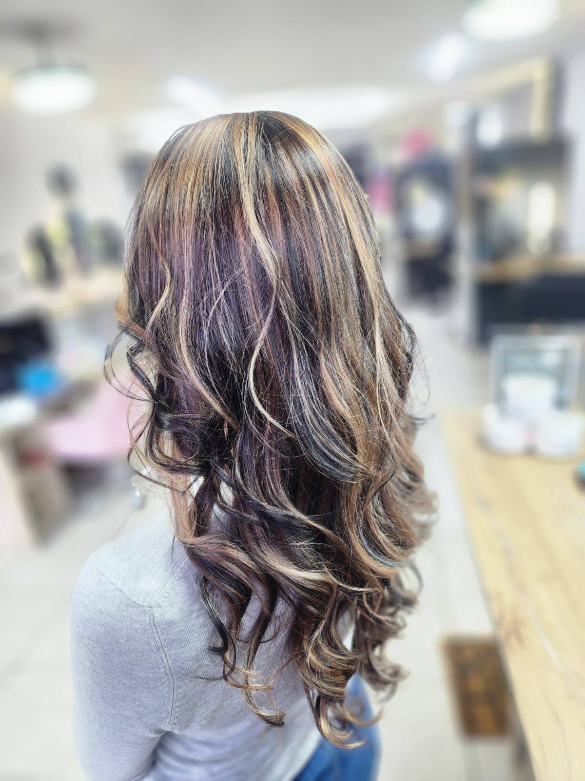 Long, full brunette hair with caramel dimension and extensions — Belle Vee, George
