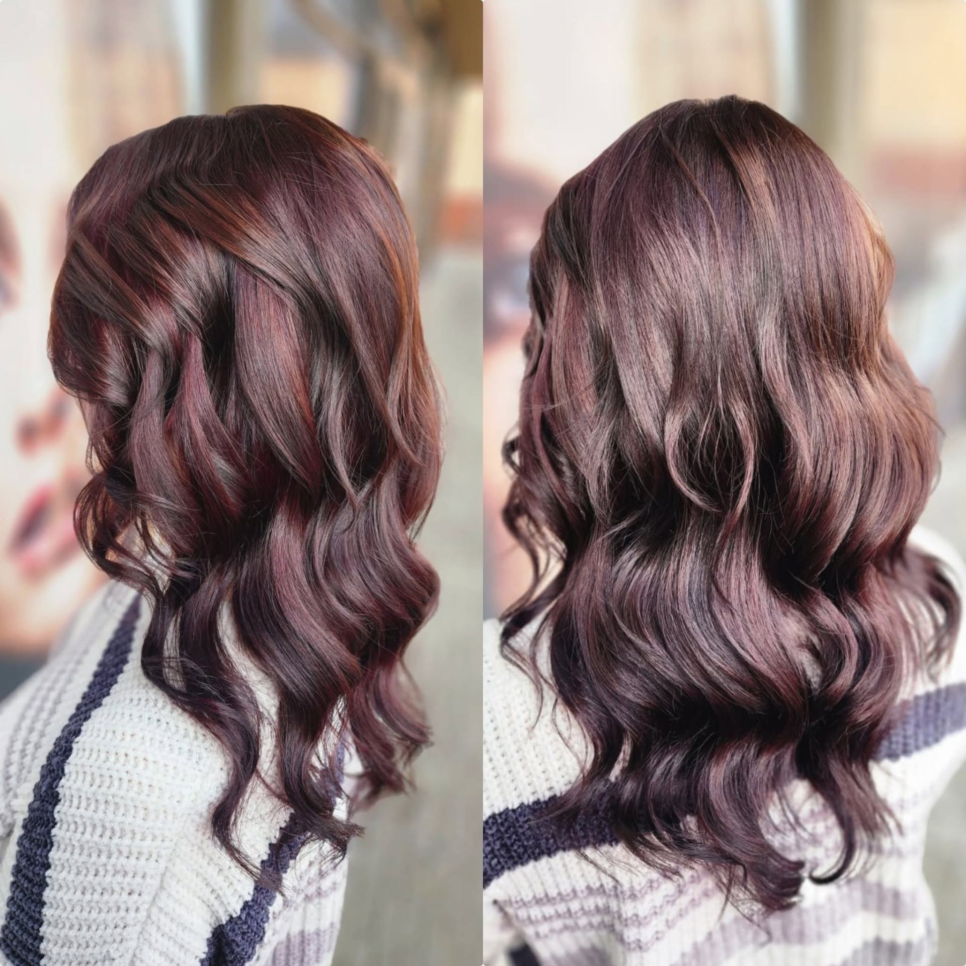 Rich mahogany-brown with violet tones, styled two ways — Belle Vee, George