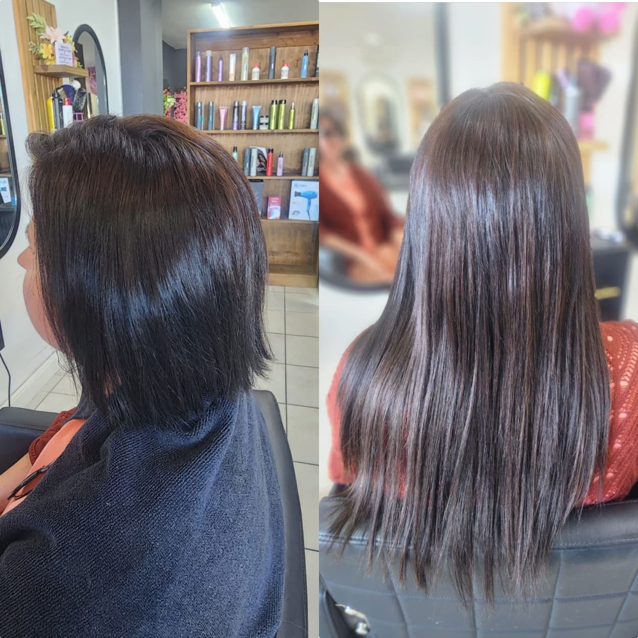 Before and after: short bob transformed to long, sleek brunette hair with extensions — Belle Vee, George